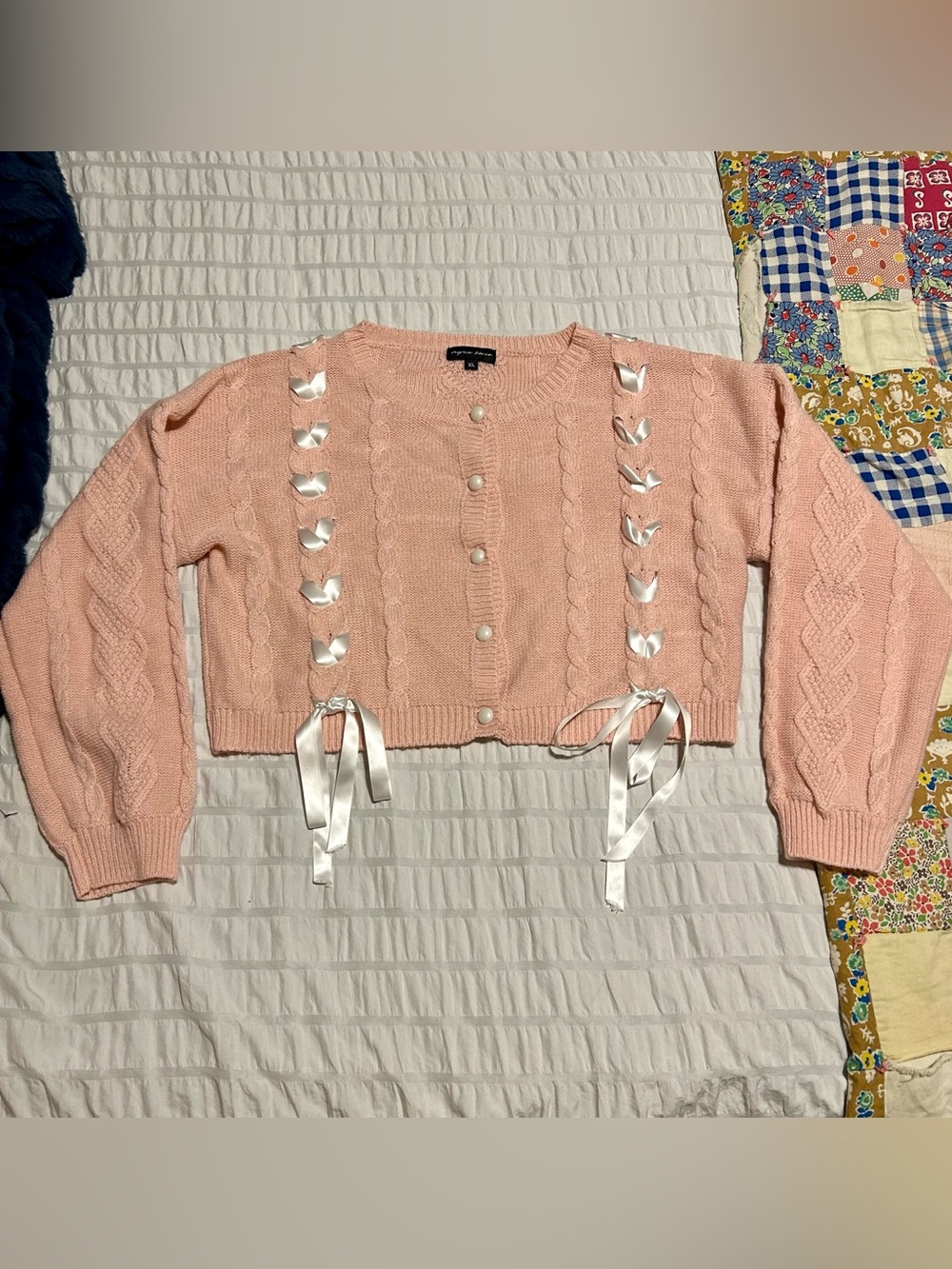 Cropped Pink Ribbon-Accent Cardigan Sweater